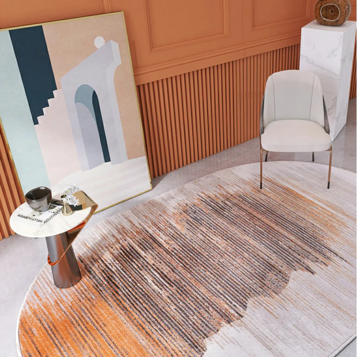 Modern Oval Abstract Polyester Apricot Area Rug Image - 15