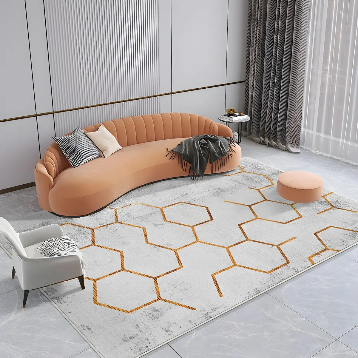 Modern Oval Abstract Polyester Apricot Area Rug Image - 9