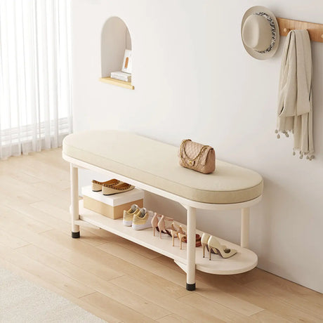 Modern Oval Beige Entryway Solid Wood Shoe Storage Bench Image - 1