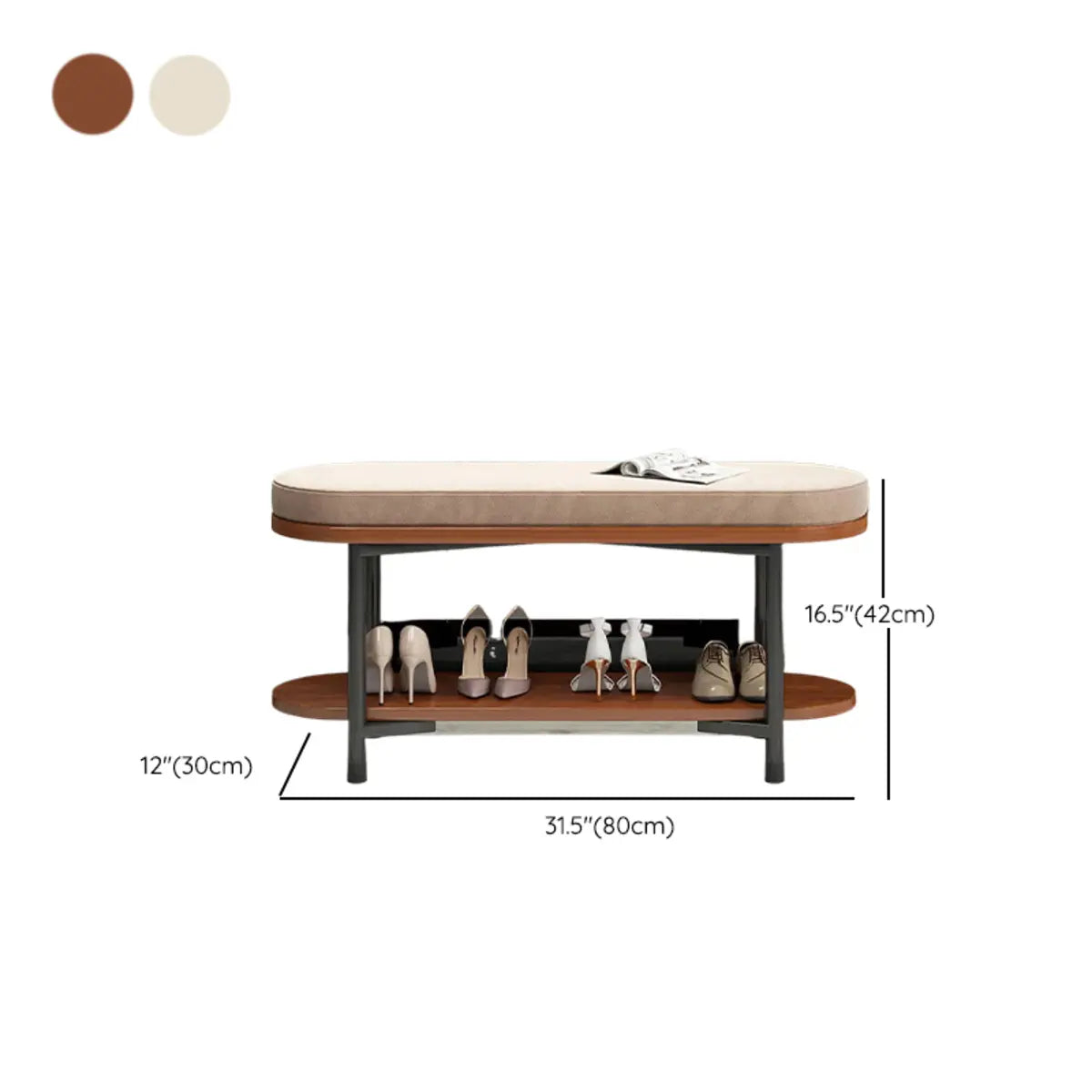 Modern Oval Beige Entryway Solid Wood Shoe Storage Bench Image - 12