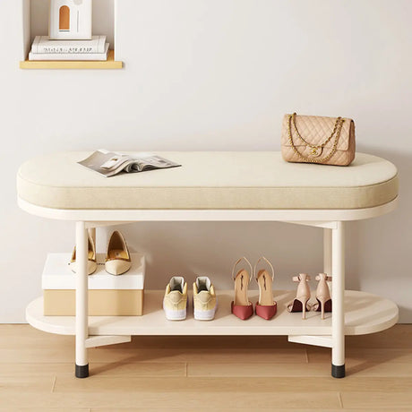 Modern Oval Beige Entryway Solid Wood Shoe Storage Bench Image - 2