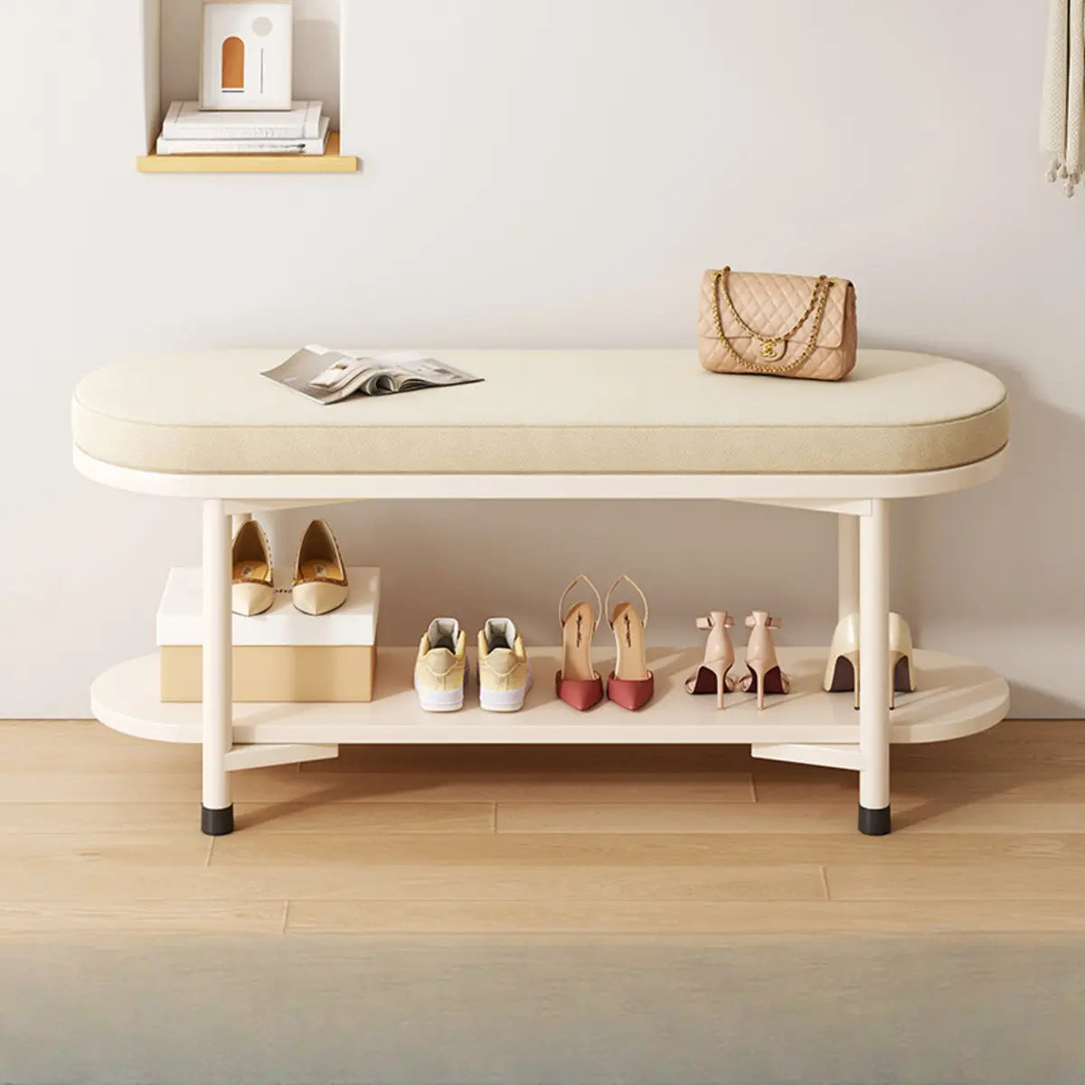 Modern Oval Beige Entryway Solid Wood Shoe Storage Bench Image - 3