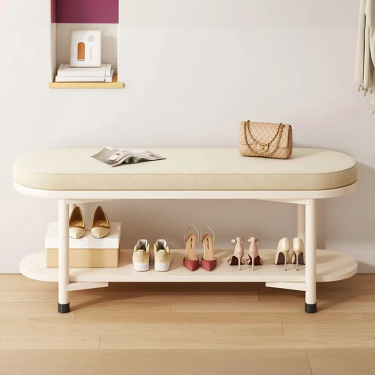 Modern Oval Beige Entryway Solid Wood Shoe Storage Bench Image - 4