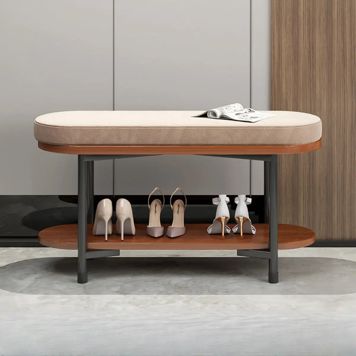Modern Oval Beige Entryway Solid Wood Shoe Storage Bench Image - 5
