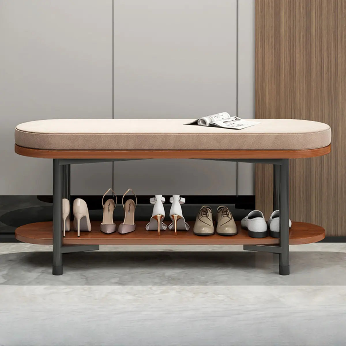 Modern Oval Beige Entryway Solid Wood Shoe Storage Bench Image - 6