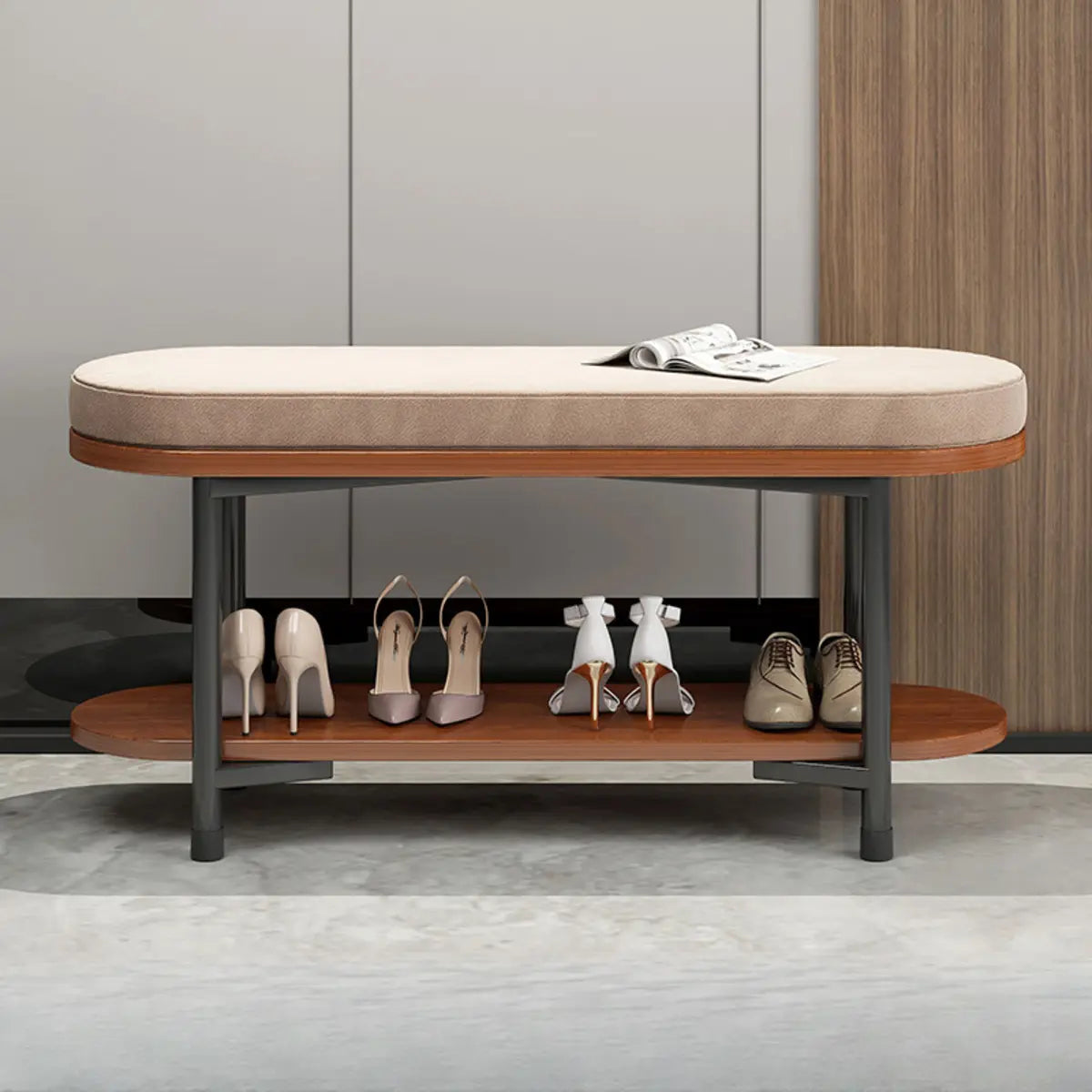 Modern Oval Beige Entryway Solid Wood Shoe Storage Bench Image - 7