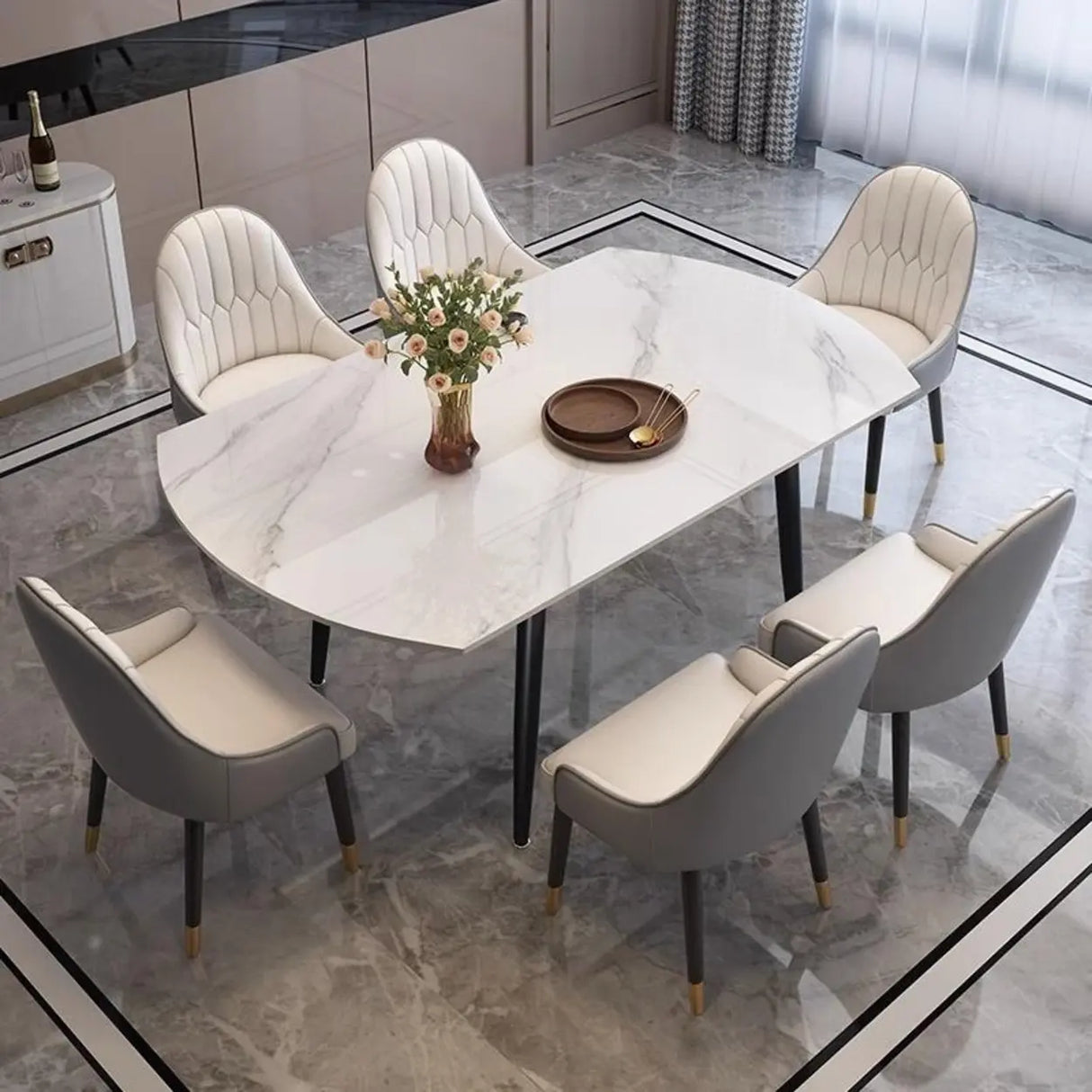 Modern Oval Marble Dining Table White Expandable Image - 3
