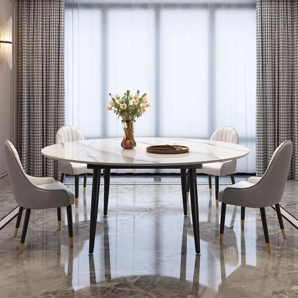 Modern Oval Marble Dining Table White Expandable Image - 4
