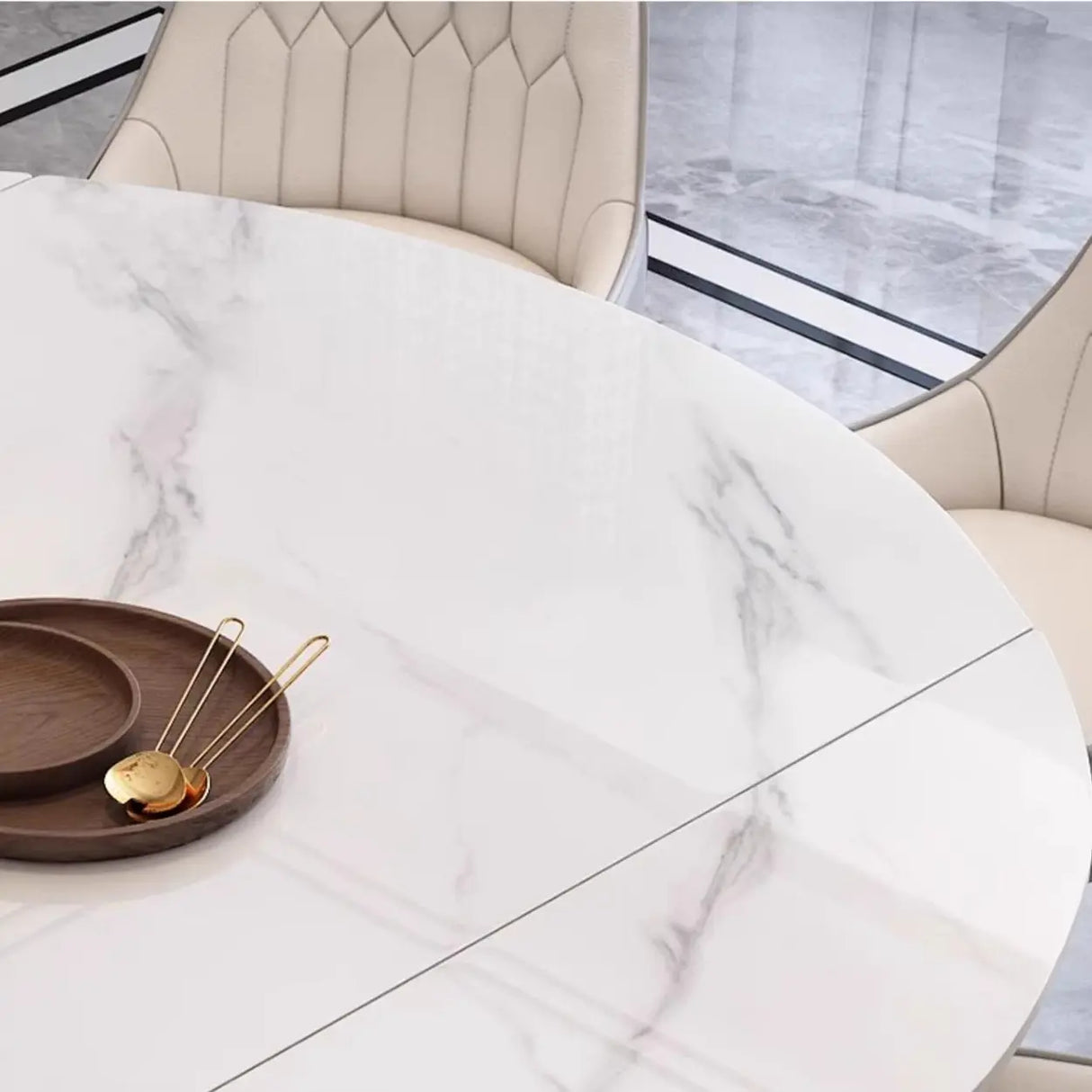 Modern Oval Marble Dining Table White Expandable Image - 6