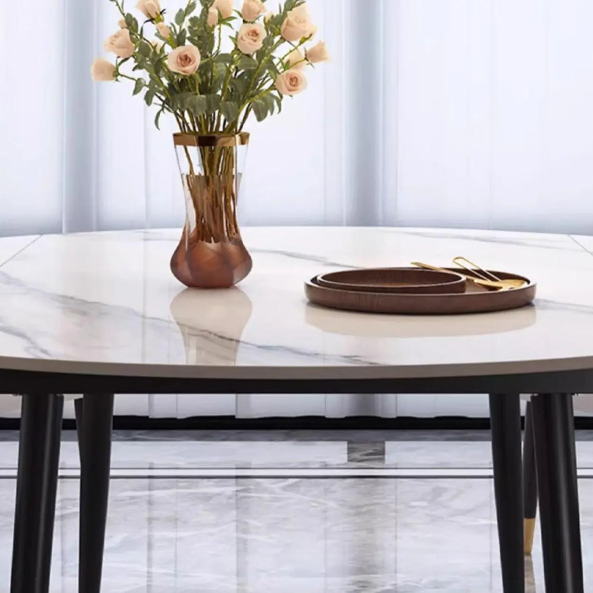 Modern Oval Marble Dining Table White Expandable Image - 8