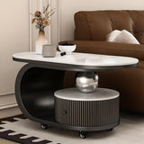 Modern Oval Stone Top Side Table with Casters and Drawers Image - 1