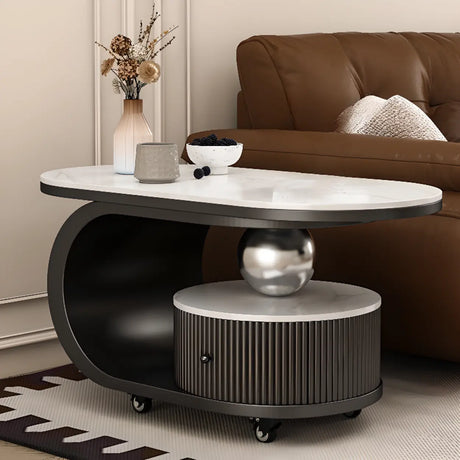 Modern Oval Stone Top Side Table with Casters and Drawers Image - 1