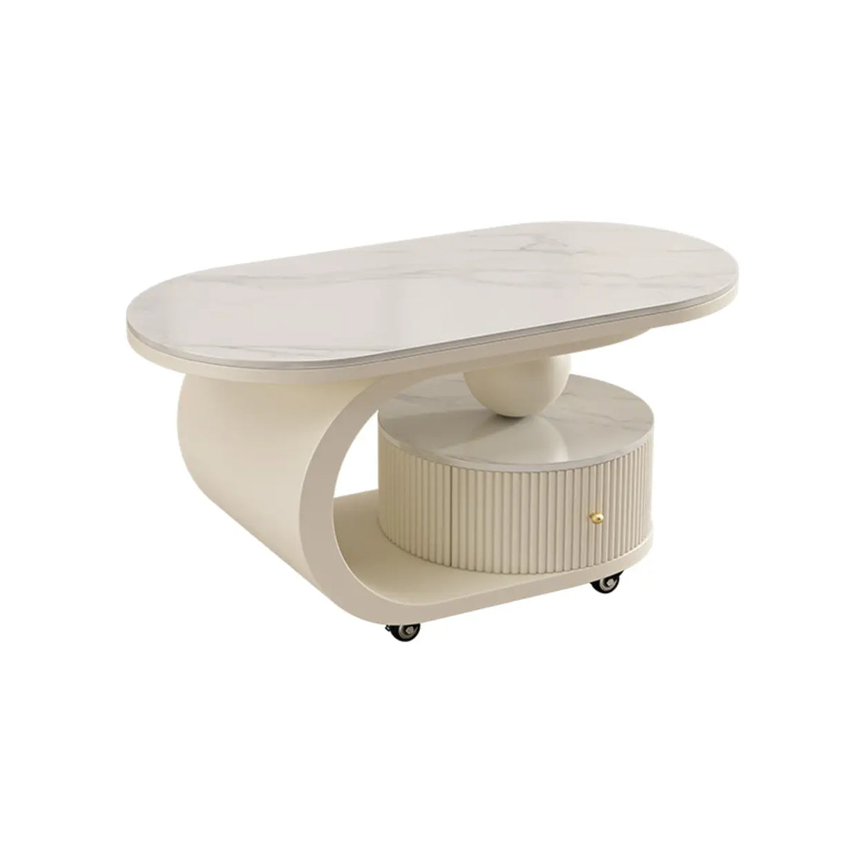 Modern Oval Stone Top Side Table with Casters and Drawers Image - 11