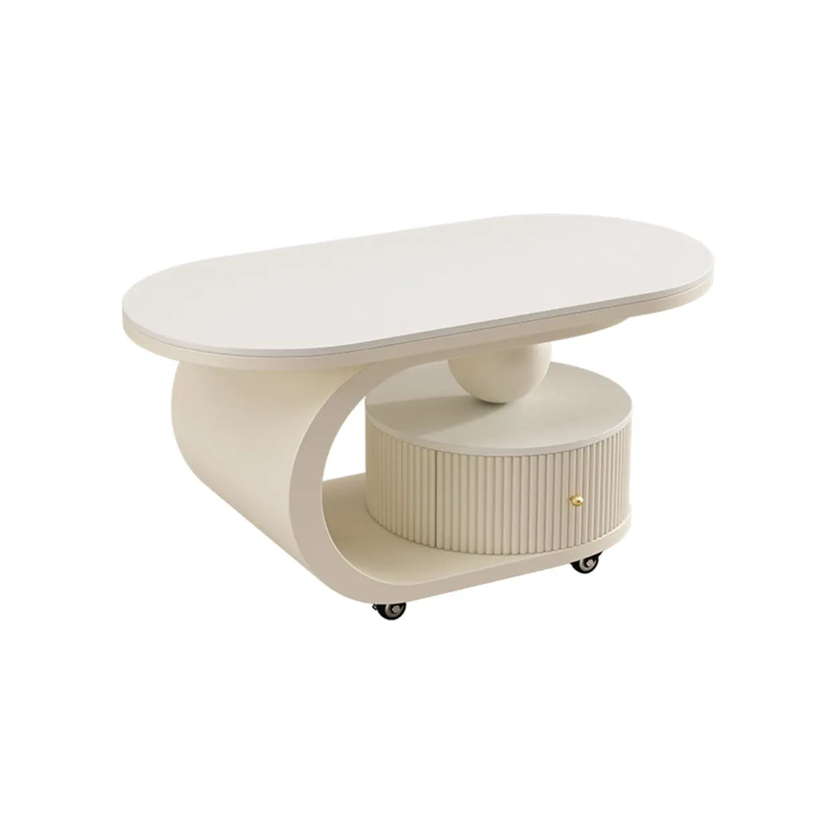 Modern Oval Stone Top Side Table with Casters and Drawers Image - 13