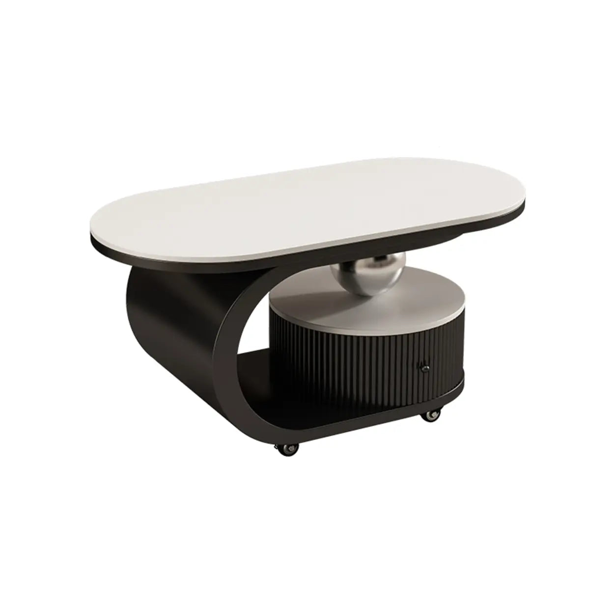 Modern Oval Stone Top Side Table with Casters and Drawers Image - 2