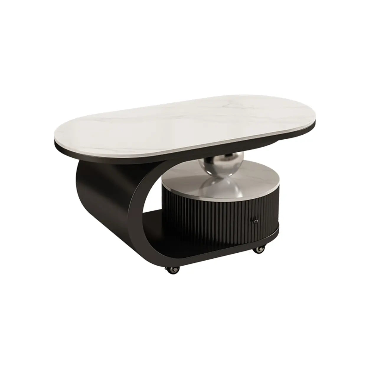 Modern Oval Stone Top Side Table with Casters and Drawers Image - 3