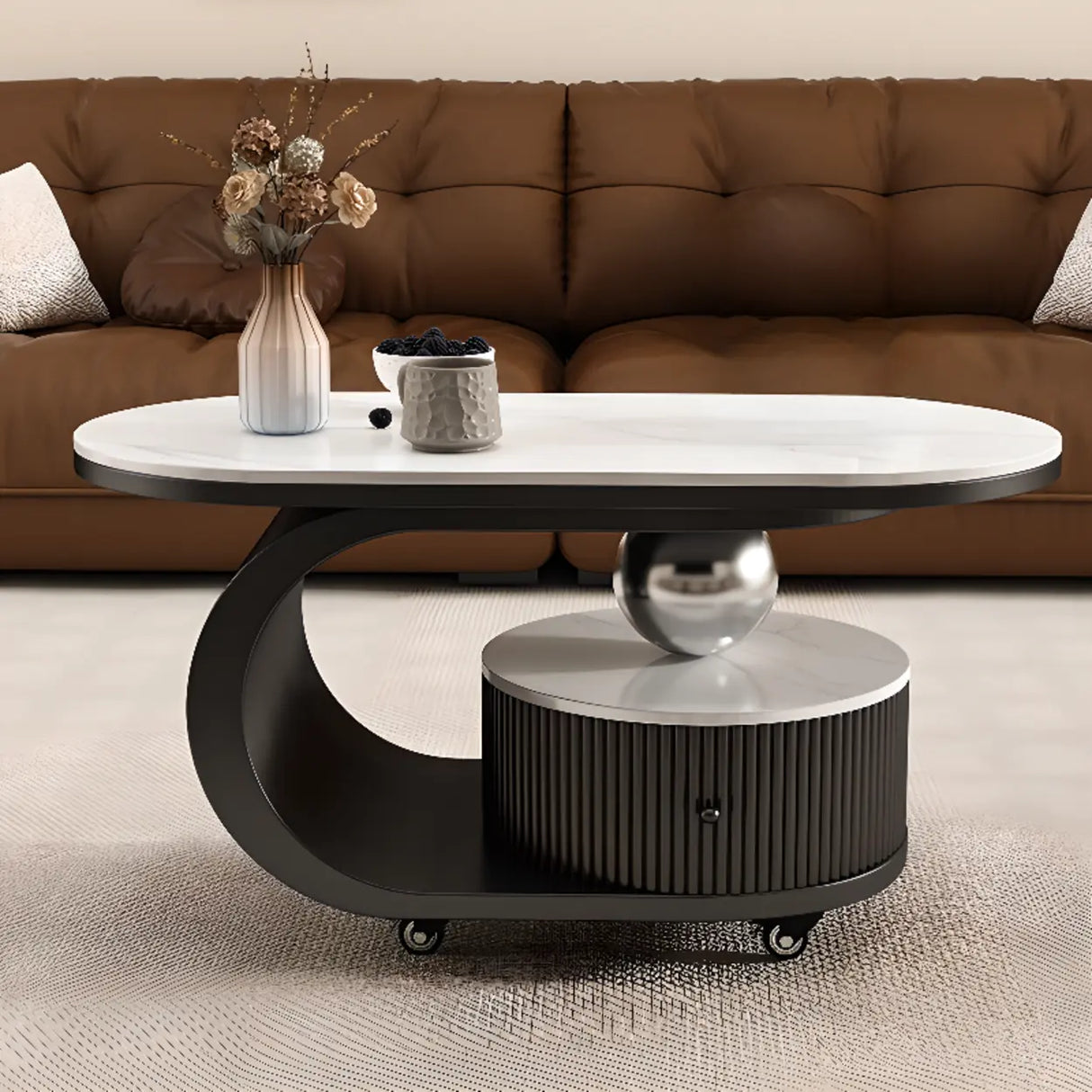 Modern Oval Stone Top Side Table with Casters and Drawers Image - 4