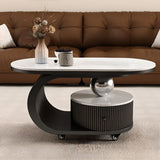 Modern Oval Stone Top Side Table with Casters and Drawers Image - 4