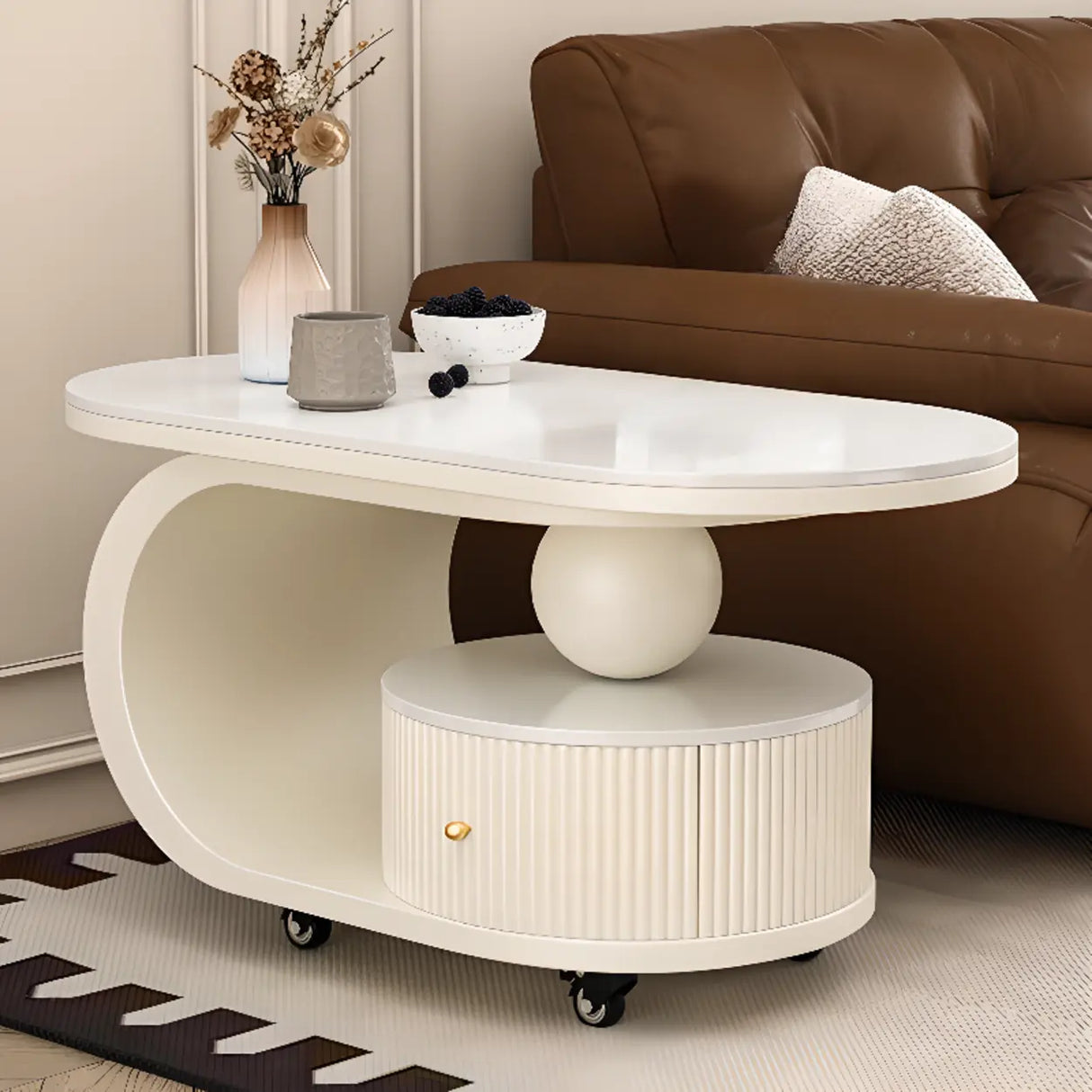 Modern Oval Stone Top Side Table with Casters and Drawers Image - 6