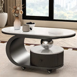 Modern Oval Stone Top Side Table with Casters and Drawers Image - 8