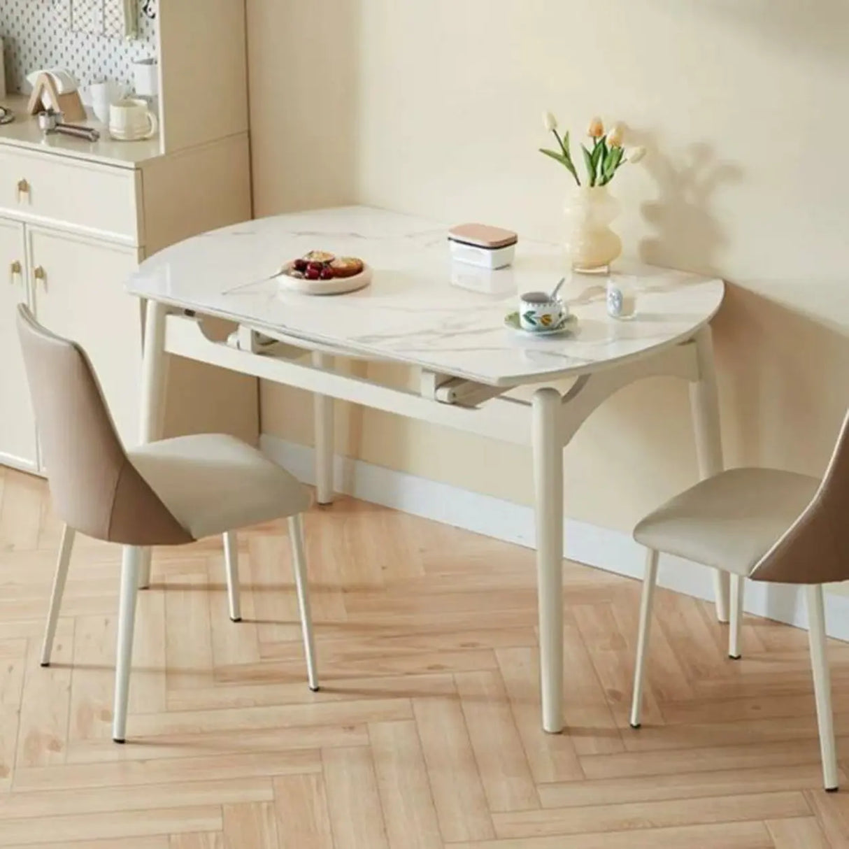 Modern Oval White Marble Extendable Dining Table Image - 3