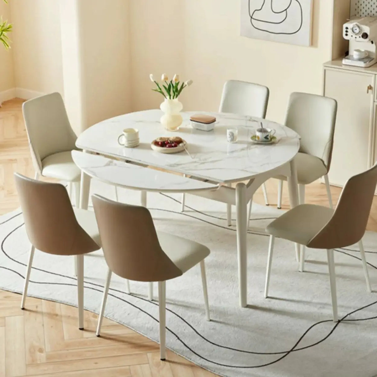 Modern Oval White Marble Extendable Dining Table Image - 4