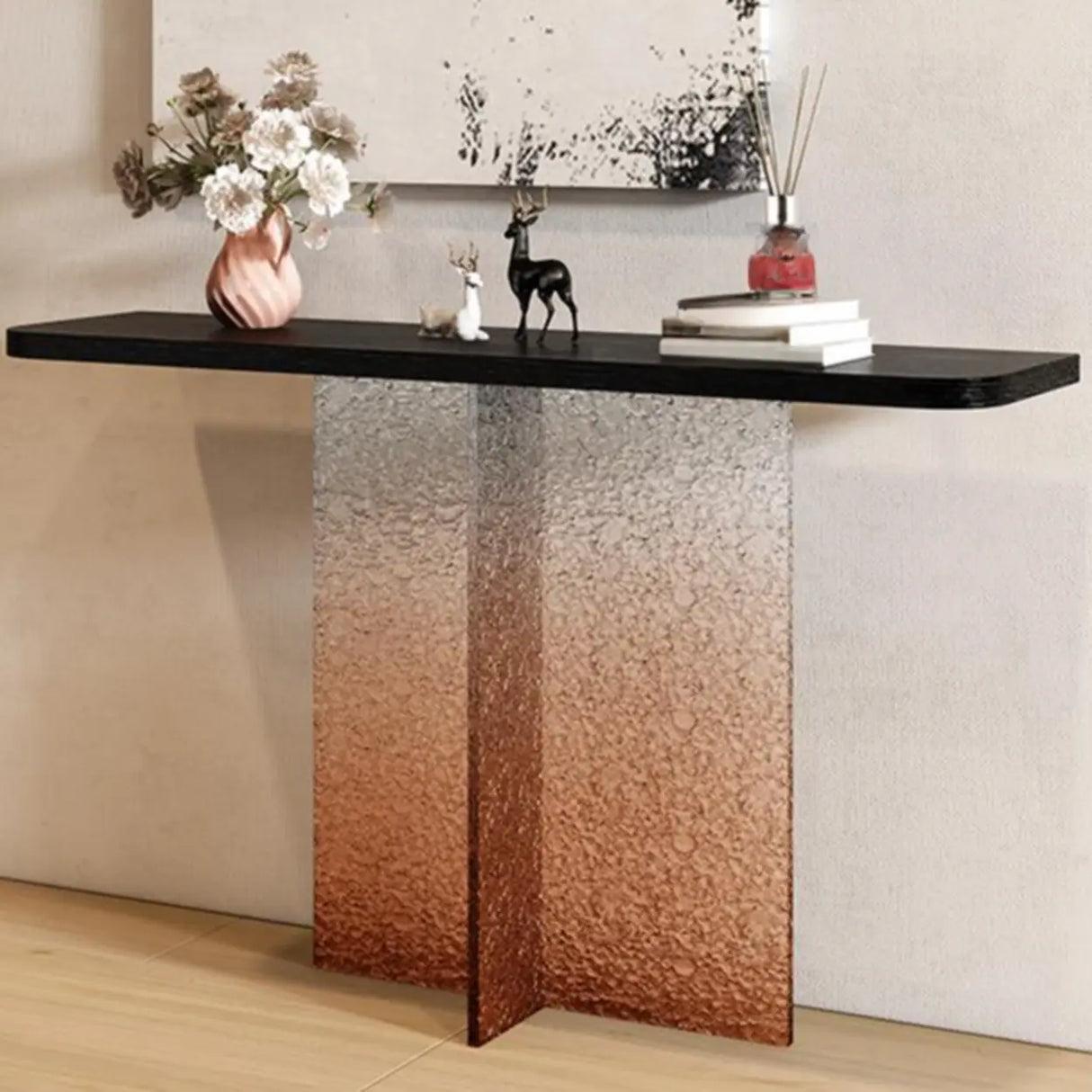 Modern Pedestal Rectangle Stump Black Top Console Table Image - 6