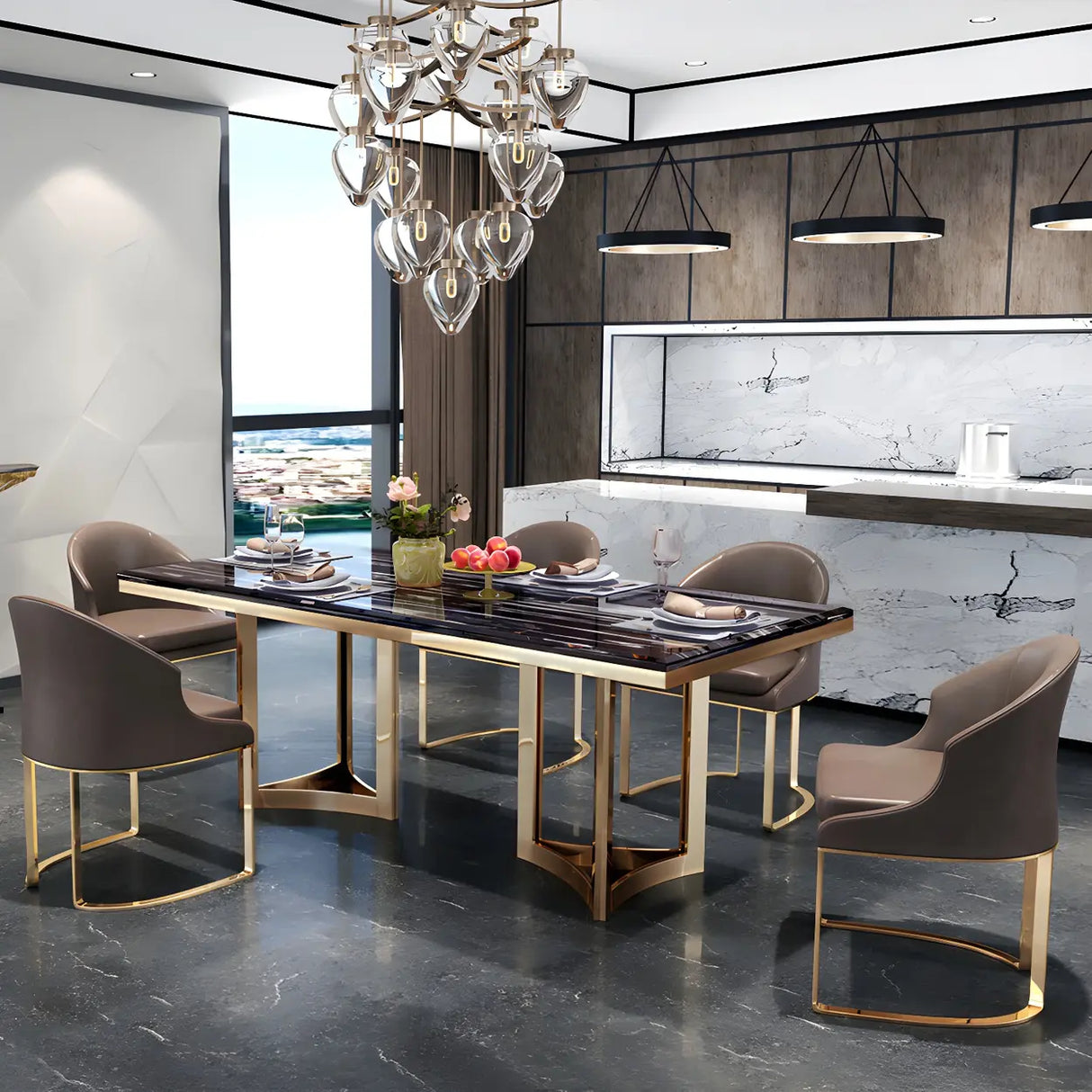 Modern Rectangle Gold Frame White Dining Table Image - 3