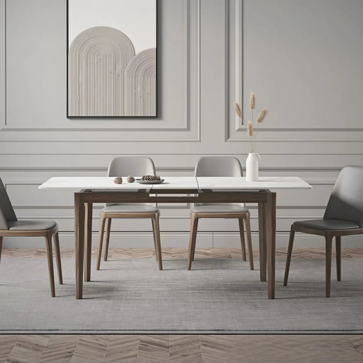 Modern Rectangle Sintered Stone Dining Table White Leaf Image - 5