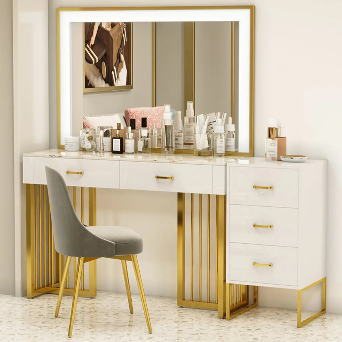 Modern Rectangle White LED Mirror Sintered Stone Makeup Vanity Image - 6