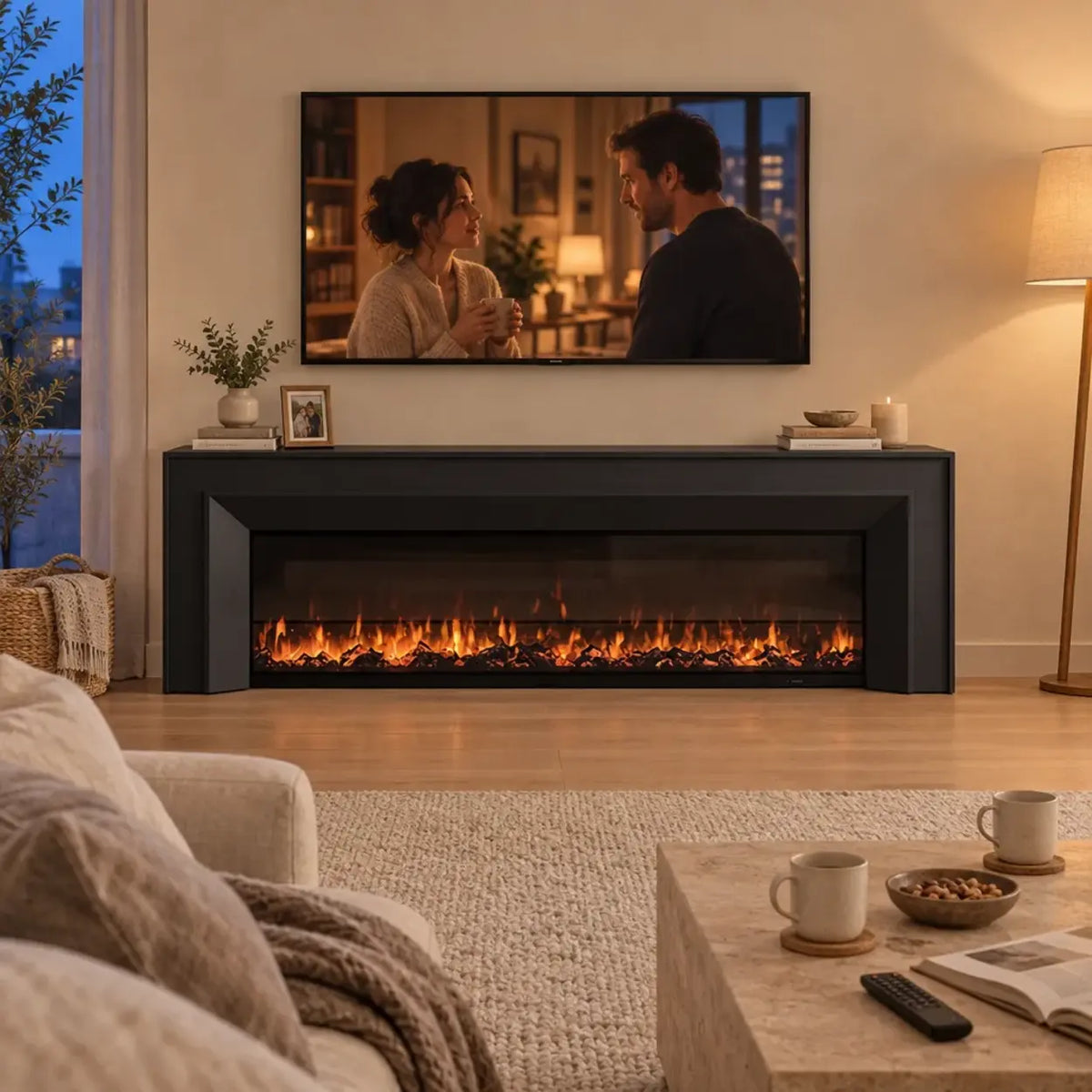 Modern Rectangle White Matte Wood Fireplace TV Stand