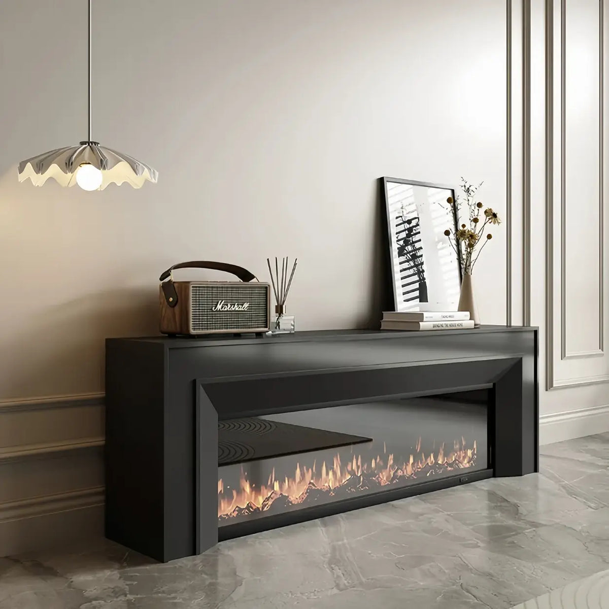 Modern Rectangle White Matte Wood Fireplace TV Stand