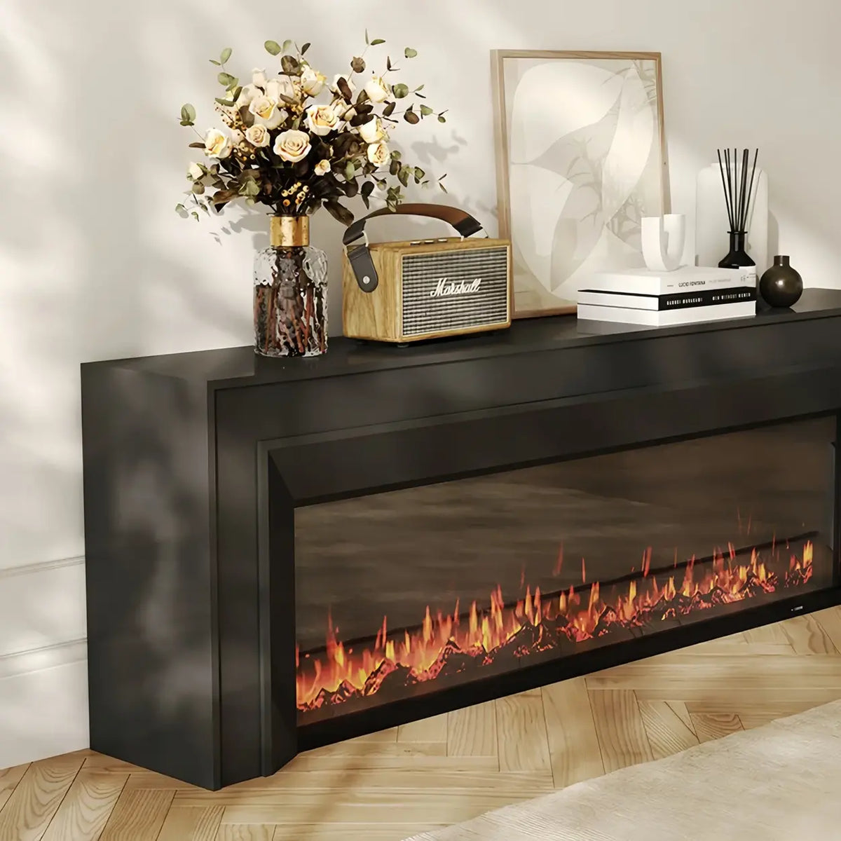 Modern Rectangle White Matte Wood Fireplace TV Stand