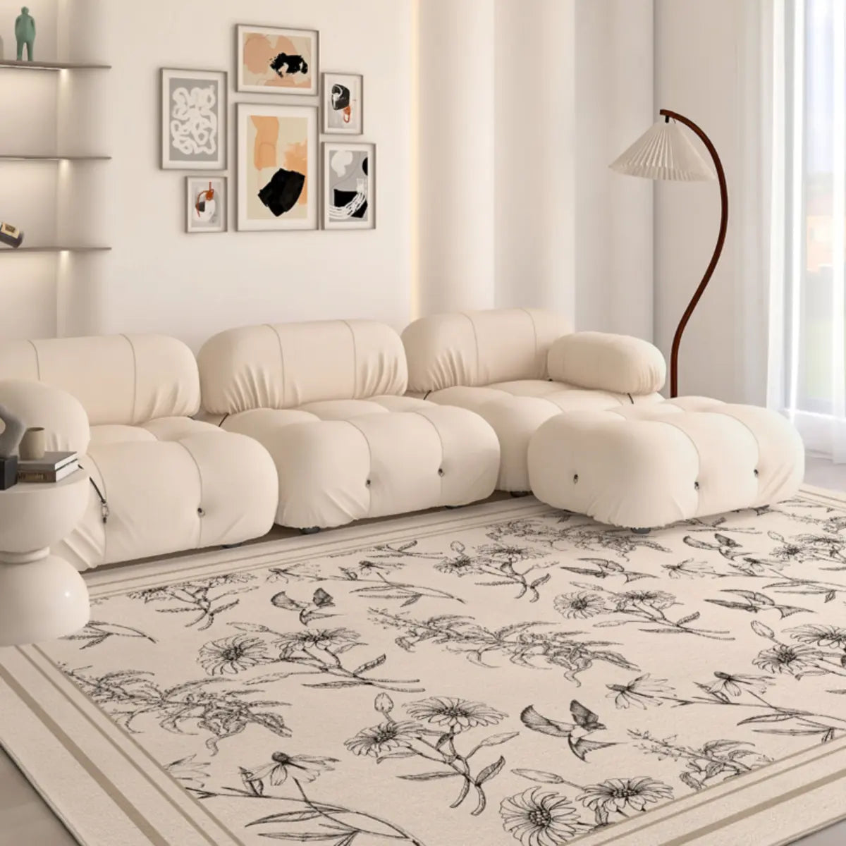 Modern Rectangular Floral Pattern Beige Area Rug Image - 3