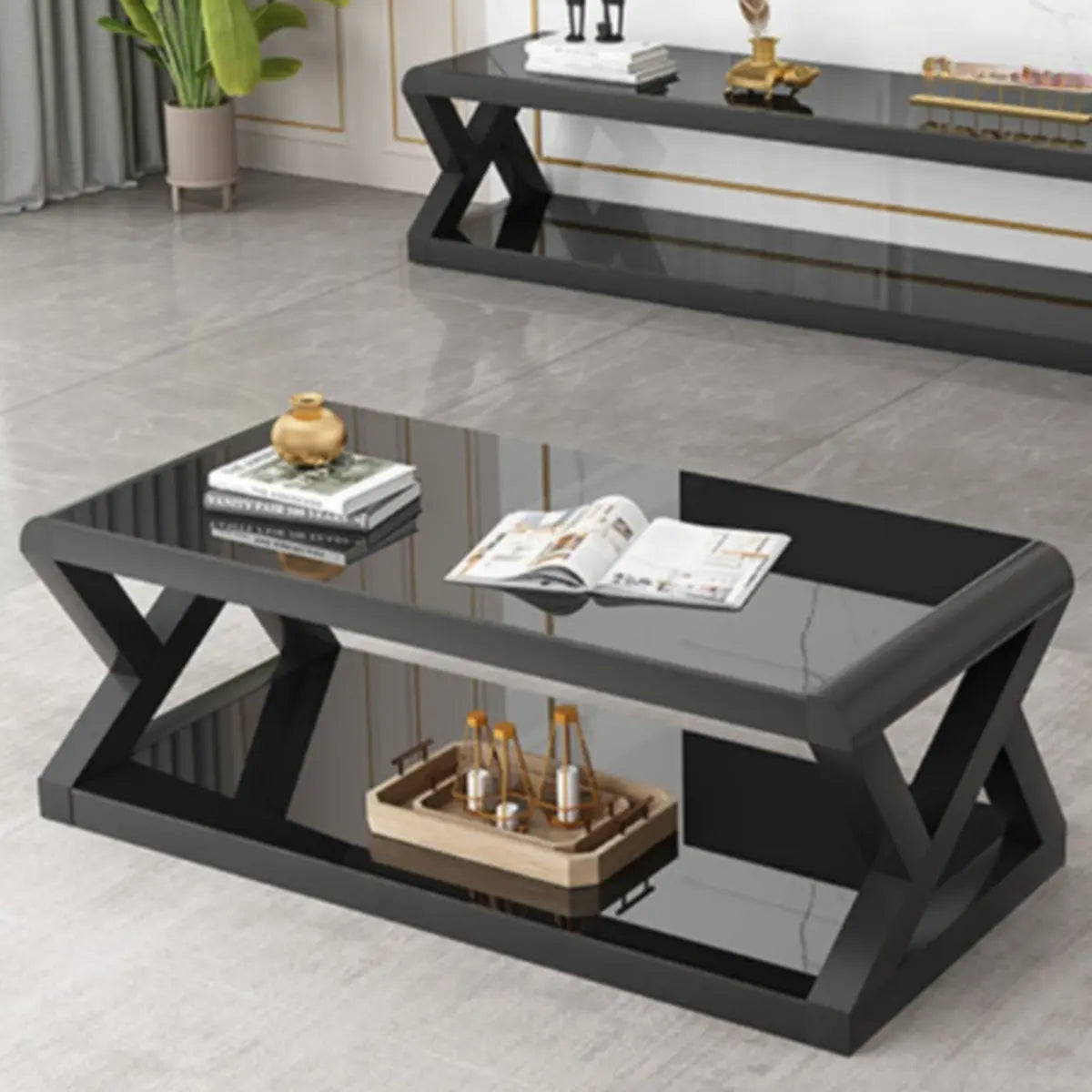 Modern Rectangular Glass Black Coffee Table with Storage Image - 1