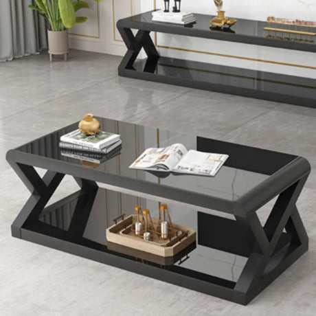 Modern Rectangular Glass Black Coffee Table with Storage Image - 1