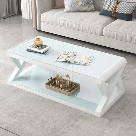 Modern Rectangular Glass Black Coffee Table with Storage Image - 2