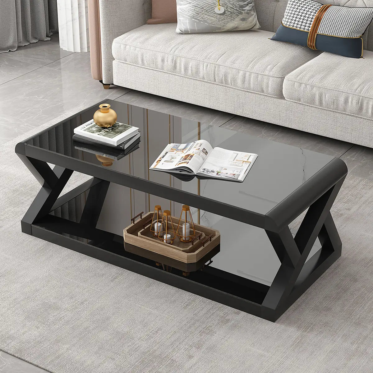 Modern Rectangular Glass Black Coffee Table with Storage Image - 3