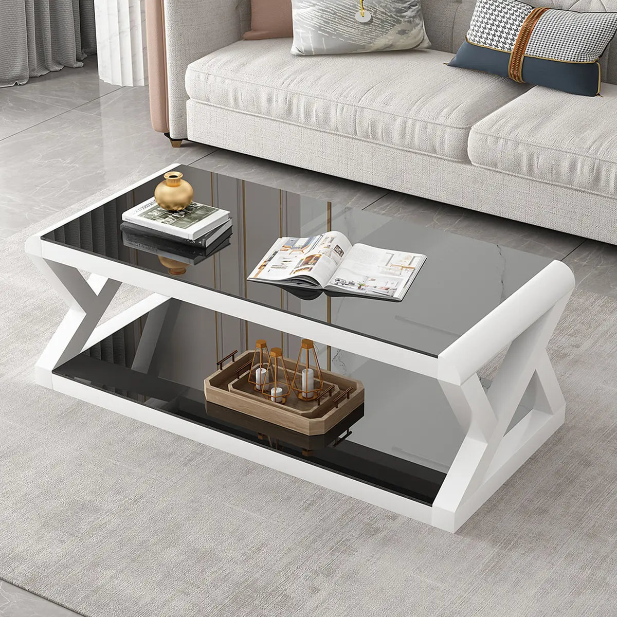 Modern Rectangular Glass Black Coffee Table with Storage Image - 4