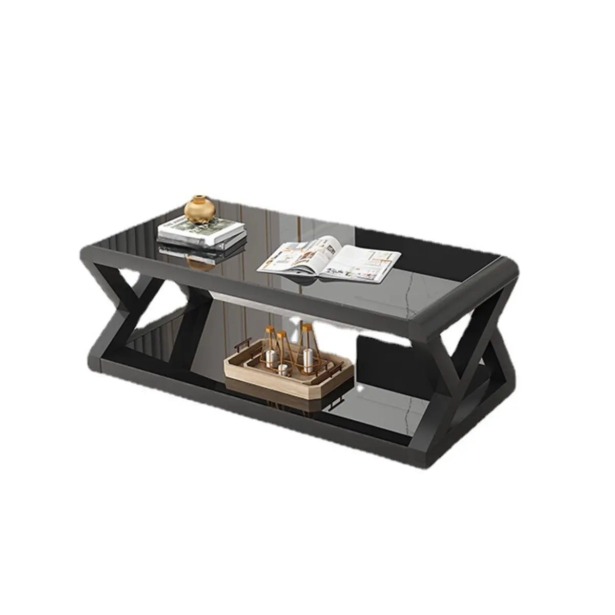 Modern Rectangular Glass Black Coffee Table with Storage Image - 5