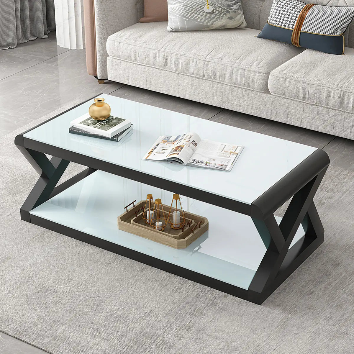 Modern Rectangular Glass Black Coffee Table with Storage Image - 6