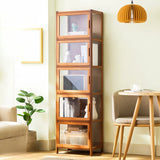 Modern Rectangular Glass Doors Bamboo Narrow Bookcase Image - 10
