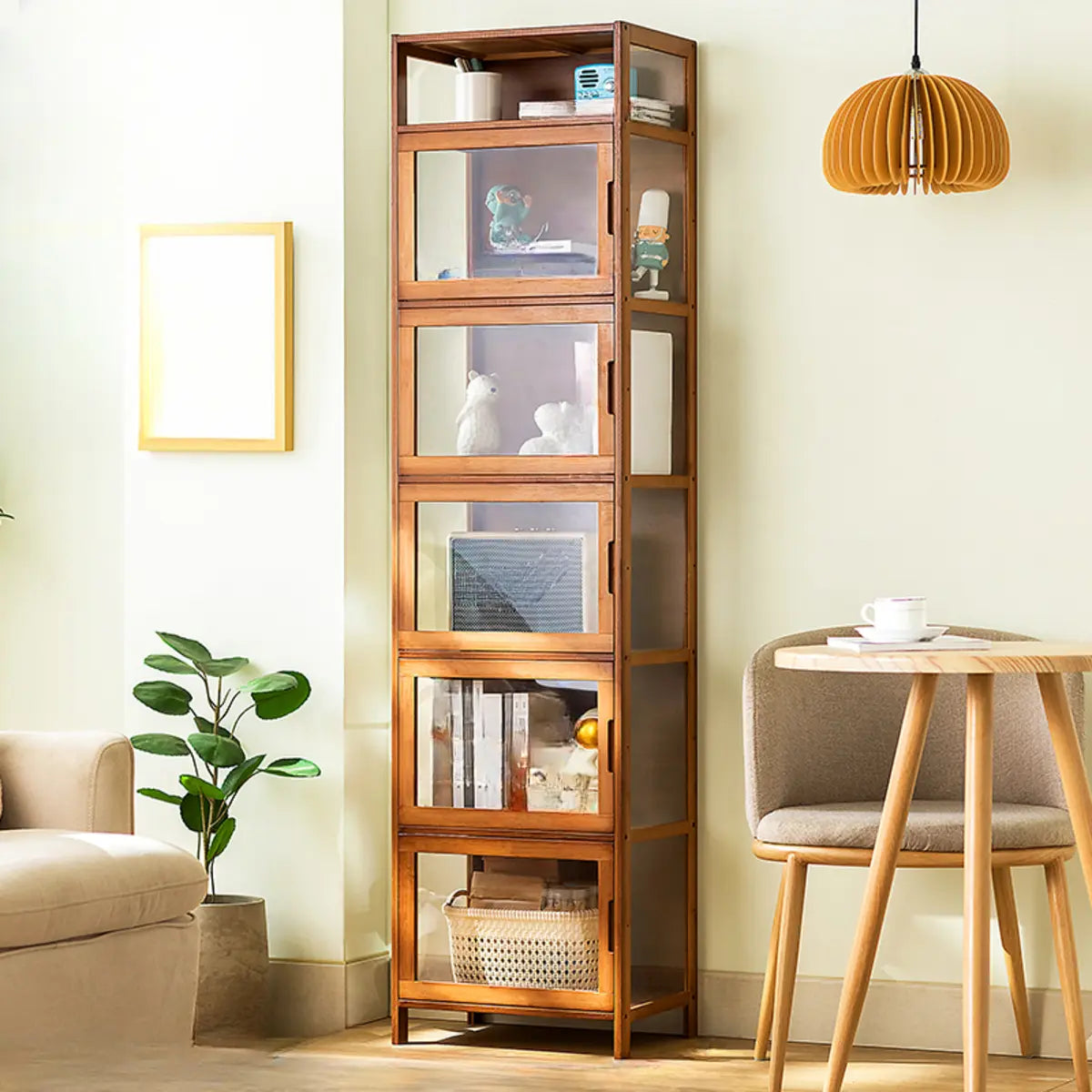 Modern Rectangular Glass Doors Bamboo Narrow Bookcase Image - 11