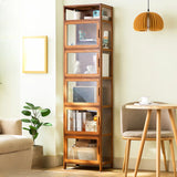 Modern Rectangular Glass Doors Bamboo Narrow Bookcase Image - 11