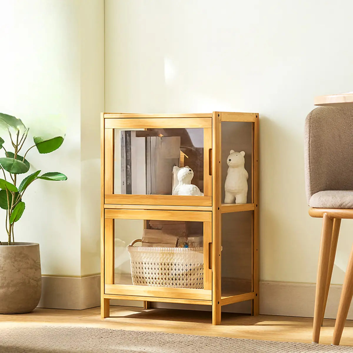 Modern Rectangular Glass Doors Bamboo Narrow Bookcase Image - 12