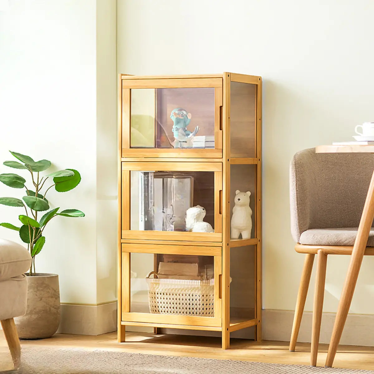 Modern Rectangular Glass Doors Bamboo Narrow Bookcase Image - 13