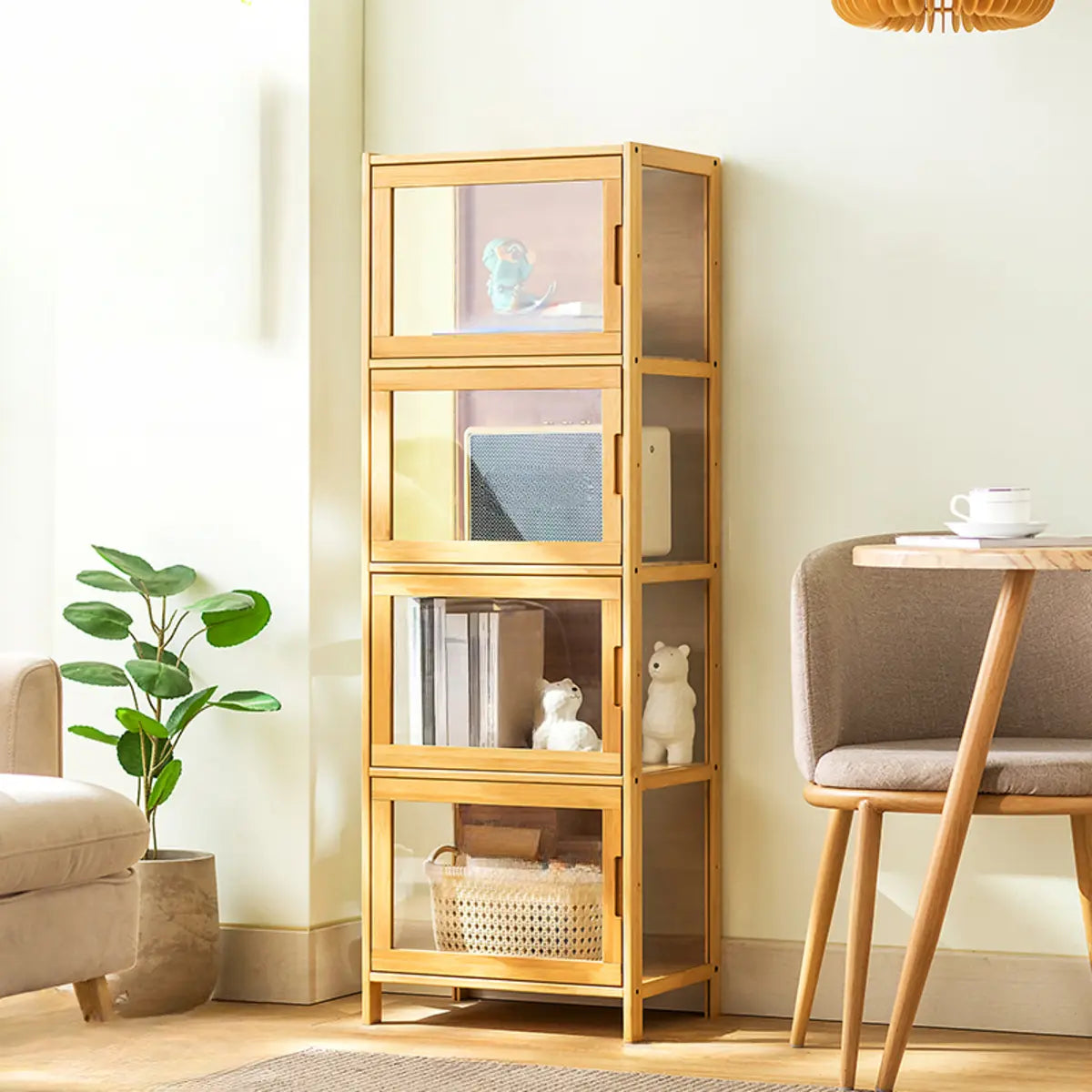 Modern Rectangular Glass Doors Bamboo Narrow Bookcase Image - 14