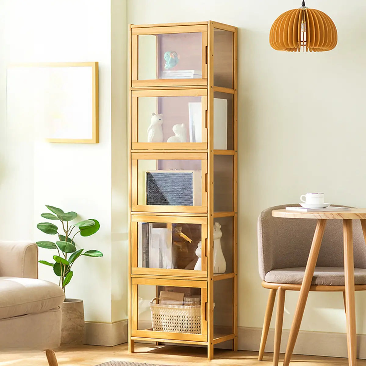 Modern Rectangular Glass Doors Bamboo Narrow Bookcase Image - 15