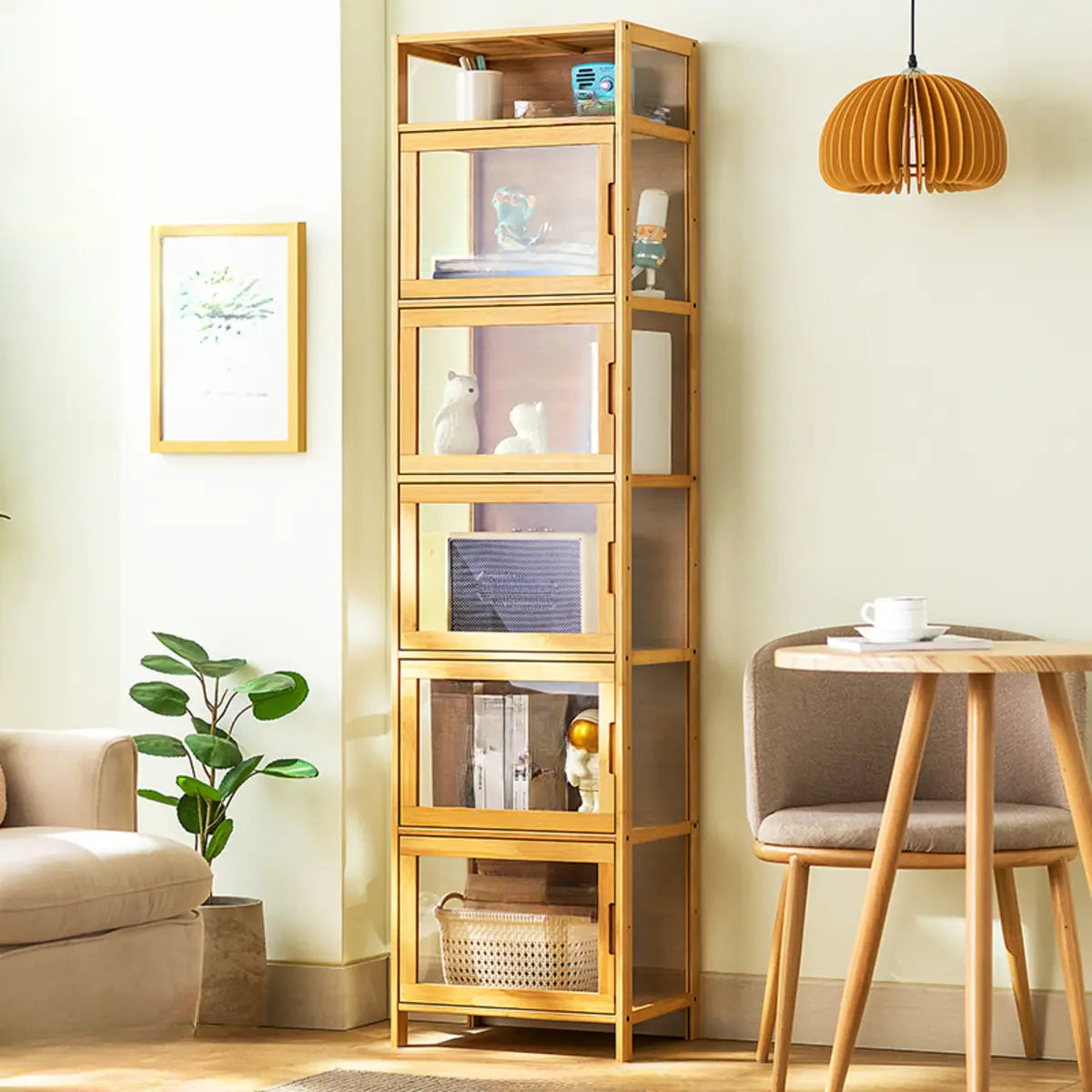 Modern Rectangular Glass Doors Bamboo Narrow Bookcase Image - 16