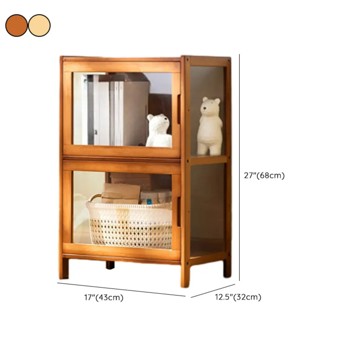 Modern Rectangular Glass Doors Bamboo Narrow Bookcase 